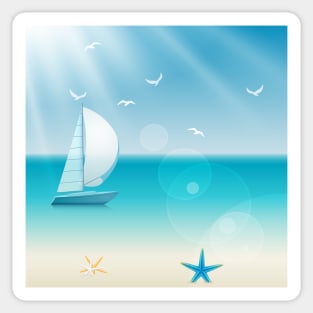 Cheerful Beach Sea Sailboat Scene Sticker